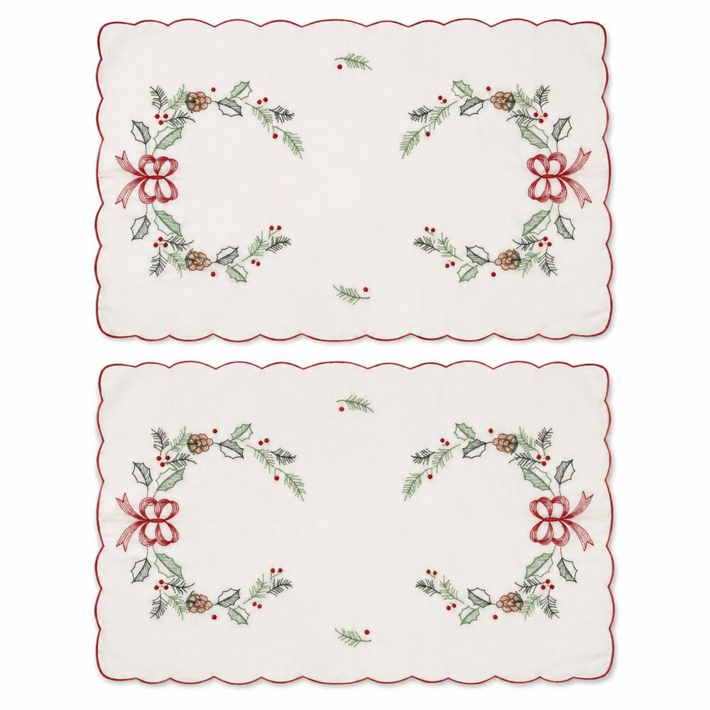 Vintage Hand Embroidered Christmas Dresser Scarves Wreath Holly Set of 2